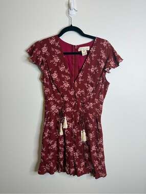 Lost in lunar Floral Romper in red lace up fringe size medium western